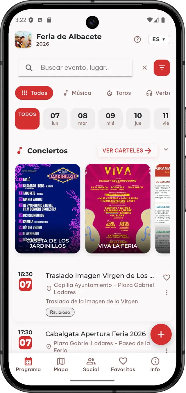 Pantalla principal de la app Feriapp con el programa de la Feria de Albacete