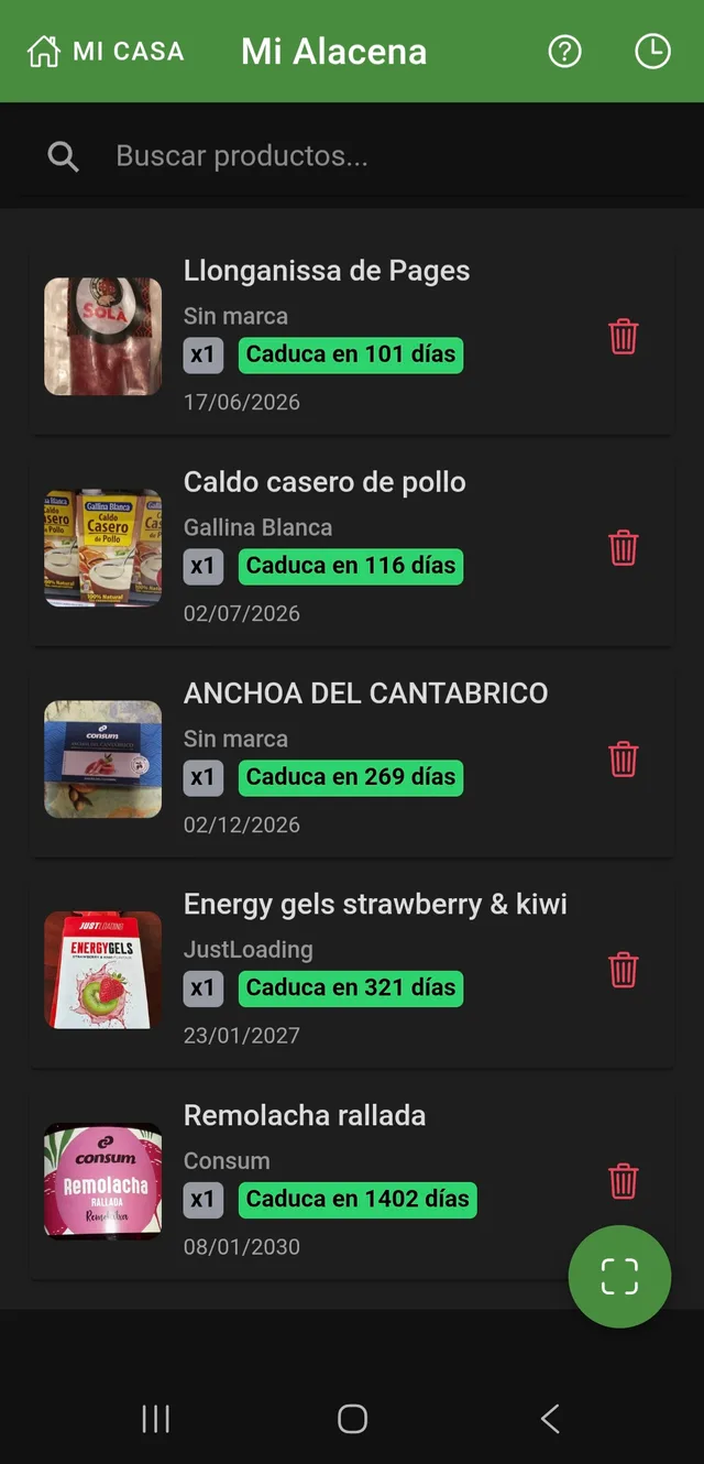 Captura de la app Mi Alacena mostrando productos y fechas de caducidad
